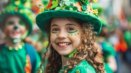 Smiling Girl Celebrating St. Patrick's Day Wearing Festive Green Hat and Costume with Parade in Background