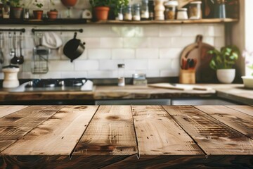 Wooden texture tabletop with a blurred kitchen background Providing an ideal mockup for product display and culinary presentations.