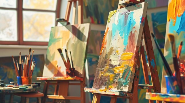Generative AI Art class, easels and paintbrushes, colorful creations