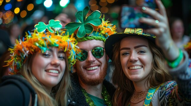 Group of Cheerful Friends Celebrating St. Patrick's Day Taking Selfie Amidst Festive Crowd - Powered by Adobe