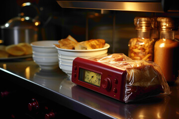 A practical disposable kitchen timer and oven mitts on a cooking counter - obrazy, fototapety, plakaty