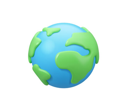 Earth icon vector 3d simple style. Globe cartoon illustration isolated on white background. Green continents and blue ocean plasticine model.