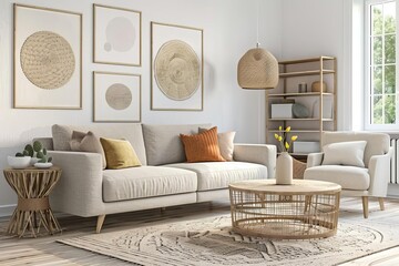 Minimalist living room with scandinavian design elements Featuring clean lines Natural textures And a serene ambiance