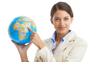 Fototapeta premium Portrait, map and woman with pointing, global and employee isolated on white studio background. Face, person and consultant with planet or earth with teacher and geography with education or knowledge