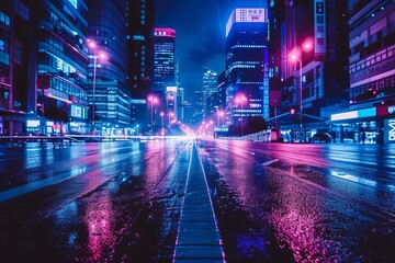 Nocturnal city street with neon illumination Atmospheric urban scene with empty road and futuristic vibe - obrazy, fototapety, plakaty