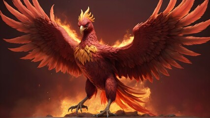The ultra-realistic rendering of the angry phoenix, its full body captured in all its glory, is set against a solid, vibrant red background, creating a visually striking image that demands attention