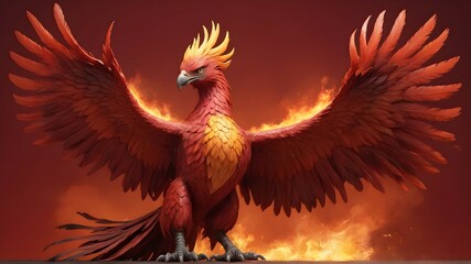 The ultra-realistic rendering of the angry phoenix, its full body captured in all its glory, is set against a solid, vibrant red background, creating a visually striking image that demands attention