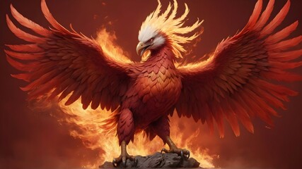 The vibrant red background serves as a stark contrast to the angry phoenix, its full body rendered with such lifelike precision that it almost seems to leap off the page. - obrazy, fototapety, plakaty