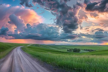 Panoramic view of a serene rural landscape at sunset Featuring an empty country road meandering through lush green fields under a dramatic cloudy sky