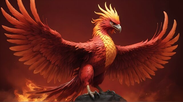 The vibrant red background serves as a stark contrast to the angry phoenix, its full body rendered with such lifelike precision that it almost seems to leap off the page.