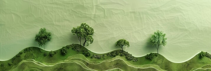 Moss and Trees on Green Background in the Style of Handcrafted Rustic Materiality Paper Objects - Nature Birds Eye View Minimalistic Element Landscape Background created with Generative AI Technology