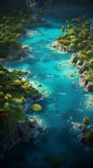Generative AI Bird's eye view of tropical islands illuminated by the setting sun, highlighting palm-lined coastlines and glistening waters, creating a serene and picturesque scenery. photorealistic ep