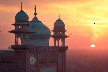 A picture of the dome and a clock tower in a Mosque at sunset or sunrise, the tallest clock tower