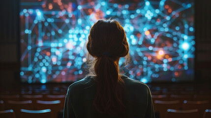 Fototapeta premium Young Female Teacher Giving a Data Science Presentation in a Dark Auditorium with Projecting Slideshow with Artificial Intelligence Neural Network Architecture. Business Startup and Education Concept.