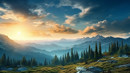 Breathtaking panorama of morning wild nature high in mountain with sunset - obrazy, fototapety, plakaty
