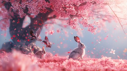 ウサギが春の桜の木の下で景色を楽しむ(情緒,花見) - obrazy, fototapety, plakaty