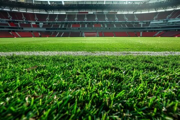 Soccer stadium with a freshly mowed lawn Ready for a match Capturing the excitement and anticipation of a sporting event - obrazy, fototapety, plakaty