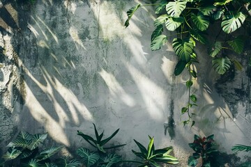 Soft shadows of exotic plants on a textured concrete wall Abstract nature-inspired background Minimalist design