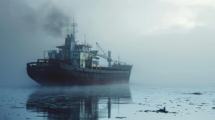 Generative AI Cargo ship in misty weather, fog surrounding the vessel, detailed and moody photorealistic scene