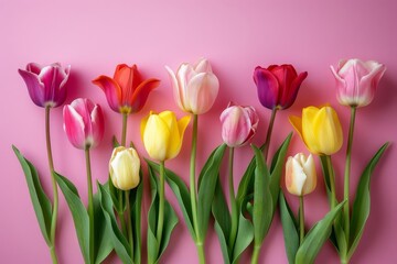 Spring tulips arranged in a vibrant display on a pink background Perfect for a cheerful and bright seasonal greeting