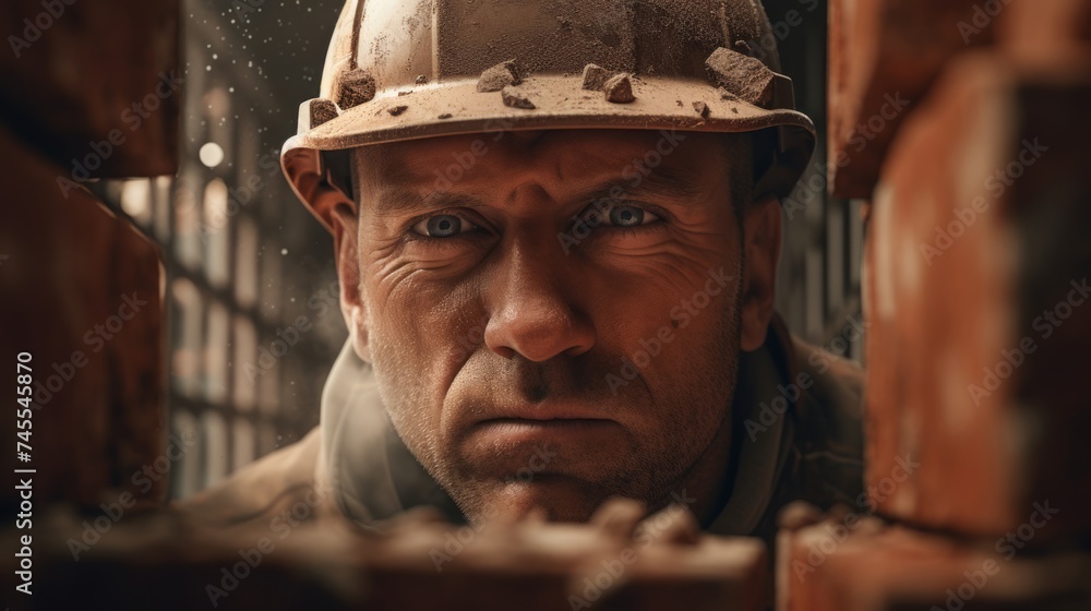 Poster Generative AI Close-up of a builder laying bricks, precise workmanship, construction site backdrop with tools visible