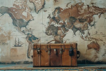 Travel essentials Suitcase ready for an adventure Symbolizing the excitement and preparation for travel Set against a background of travel destinations and maps Embodying wanderlust and discovery - obrazy, fototapety, plakaty