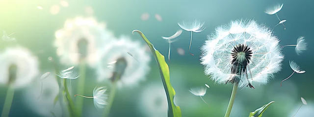 Fotobehang spring background adorned with delicate white dandelions swaying in the breeze © Raffaza