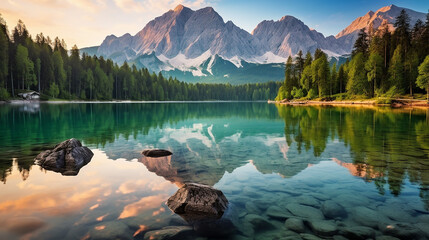 Calm morning view of Fusine lake. Colorful summer view in julian alps with majestic mangart peak