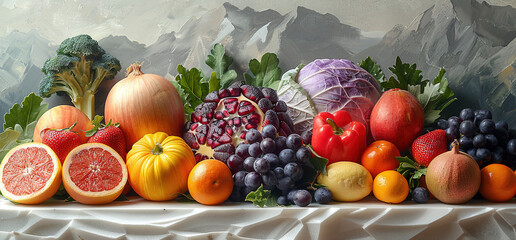 Fruits and vegetables on table. photography in studio. Created with Ai