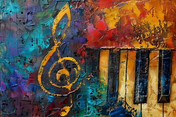 Vibrant abstract painting of musical symbols Colorful piano keys And a dynamic treble clef on a textured background