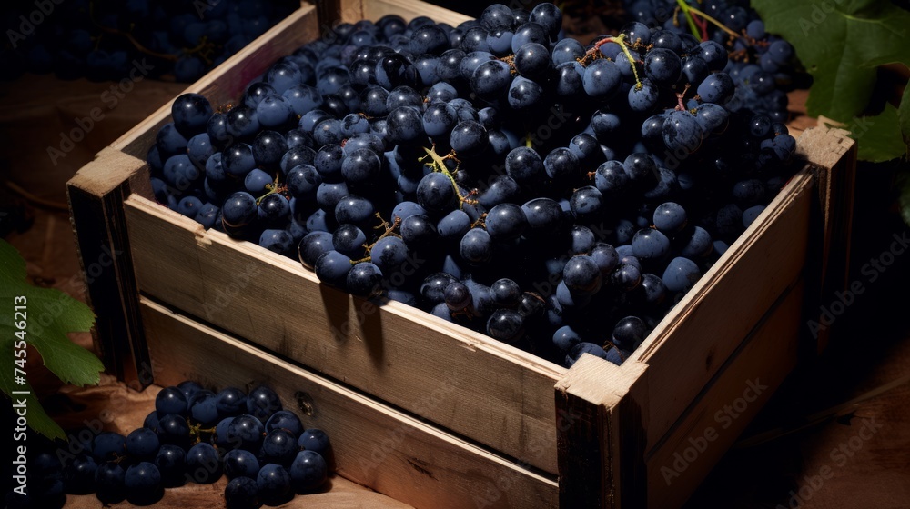 Poster Close-up realistic photo featuring a box filled with plump black grapes Generative AI