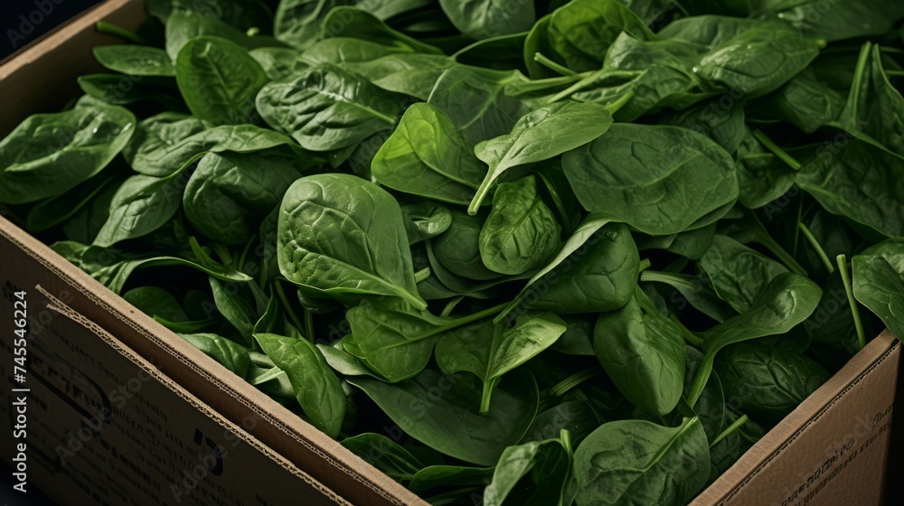 Poster close-up realistic photo featuring a box packed with vibrant green spinach leaves generative ai