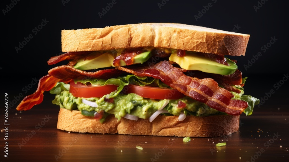 Poster close-up realistic photo featuring a gourmet avocado and bacon sandwich on a white background genera