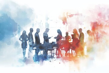 Watercolor style illustration of a group of workers Highlighting teamwork Diversity And collaboration in the workplace - obrazy, fototapety, plakaty
