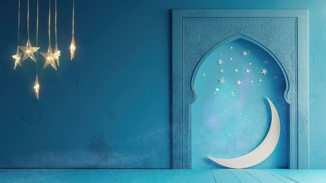 ramadan eid mubarak with paper mosque window with stars and islamic lantern with glitter