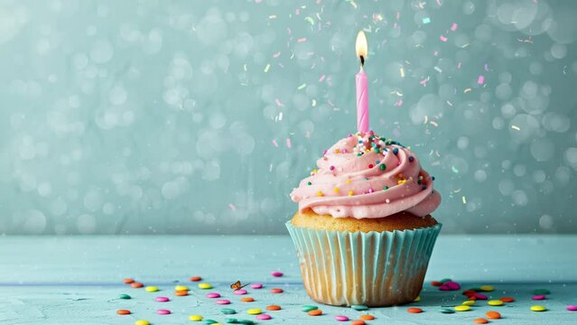 small pink birthday cupcake with candle and blue. cupcake with candle. seamless looping overlay 4k virtual video animation background 