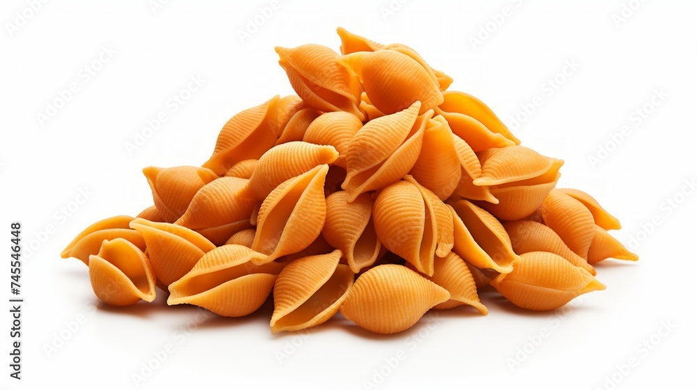 Poster close-up realistic photo of a small mound of conchiglie pasta on a white background generative ai