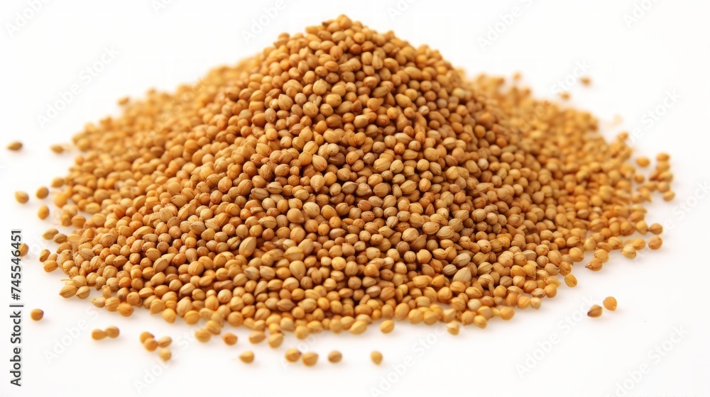 Poster close-up realistic photo of a small mound of millet seeds on a white background generative ai