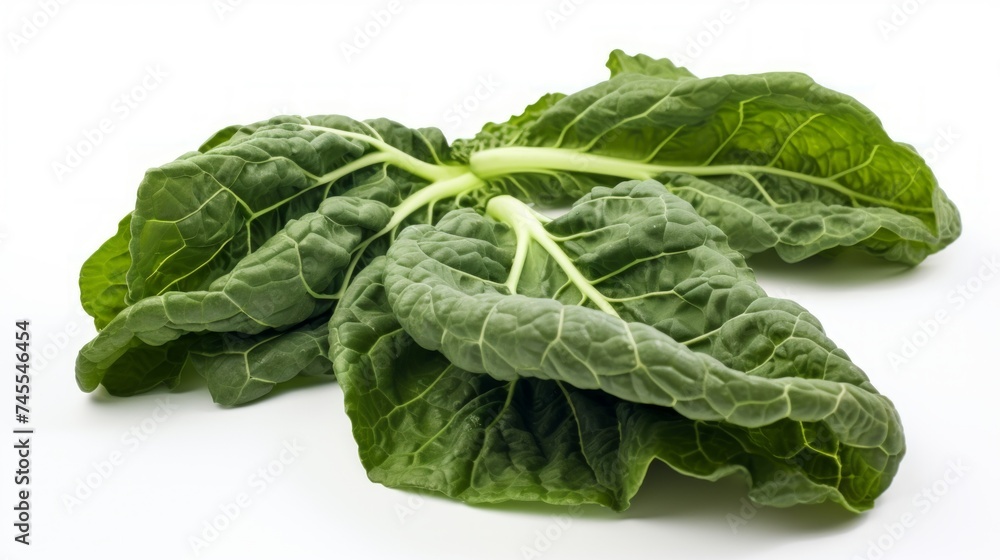 Poster close-up realistic photo of three fresh, green collard greens on a white background generative ai