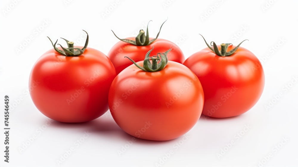 Poster close-up realistic photo of three plump, ripe tomatoes on a white background generative ai