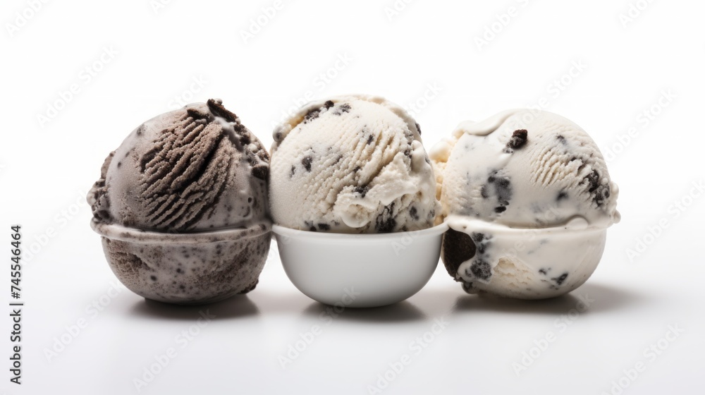 Poster Close-up realistic photo of three scoops of decadent cookies and cream ice cream on a white background Generative AI
