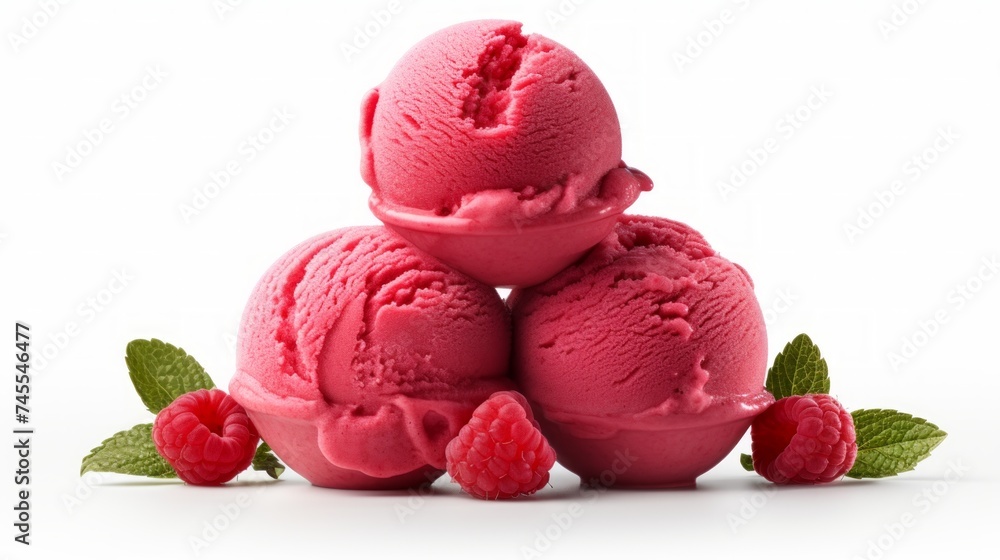 Poster Close-up realistic photo of three scoops of raspberry sorbet on a white background Generative AI