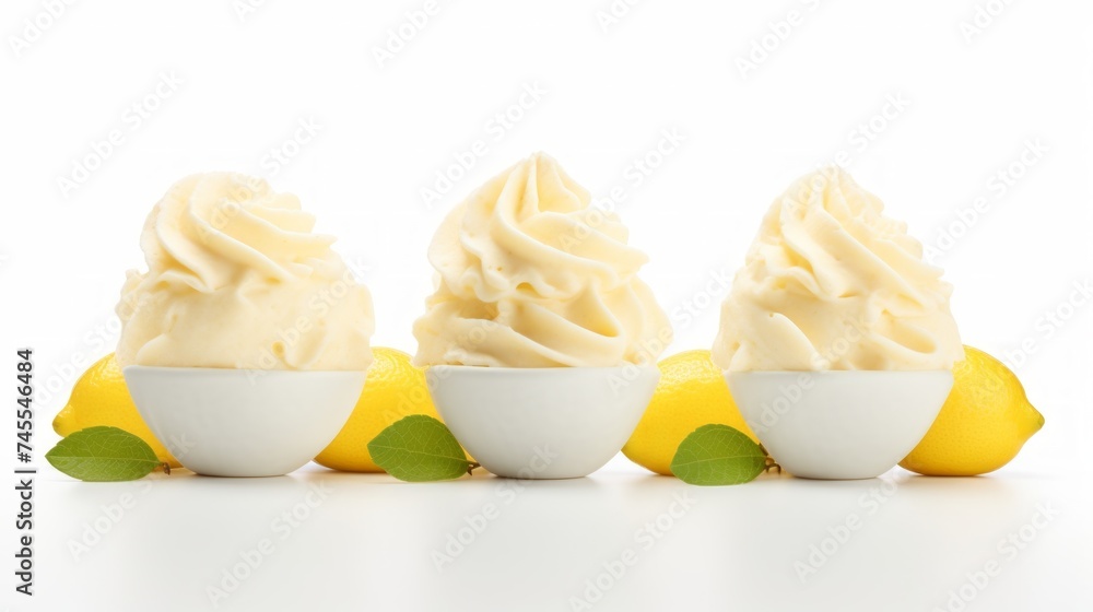 Poster close-up realistic photo of three scoops of tangy lemon sorbet on a white background generative ai