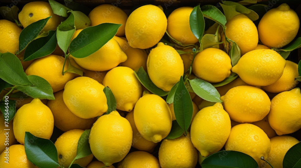 Poster close-up realistic photo showcasing a box filled with vibrant yellow lemons generative ai