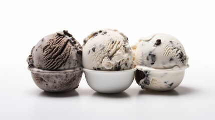 Close-up realistic photo of three scoops of decadent cookies and cream ice cream on a white background Generative AI