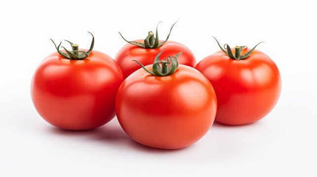 Close-up realistic photo of three plump, ripe tomatoes on a white background Generative AI