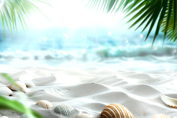 Fototapeta na wymiar Blurred summer natural marine tropical blue background with palm leaves, sand, water