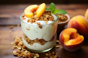 Smooth Peach yogurt food. Fruit drink organic. Generate Ai