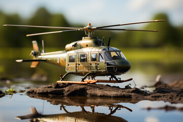 The small helicopter toy sitting on the table, with a lone tree in the background, as if part of a serene landscape. The HD camera captures the tranquility and realism of this miniature world. - obrazy, fototapety, plakaty