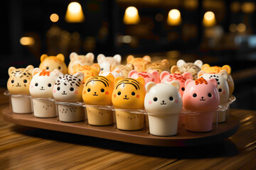 A charming disposable cupcake stand with adorable animal characters on a dessert buffet - obrazy, fototapety, plakaty